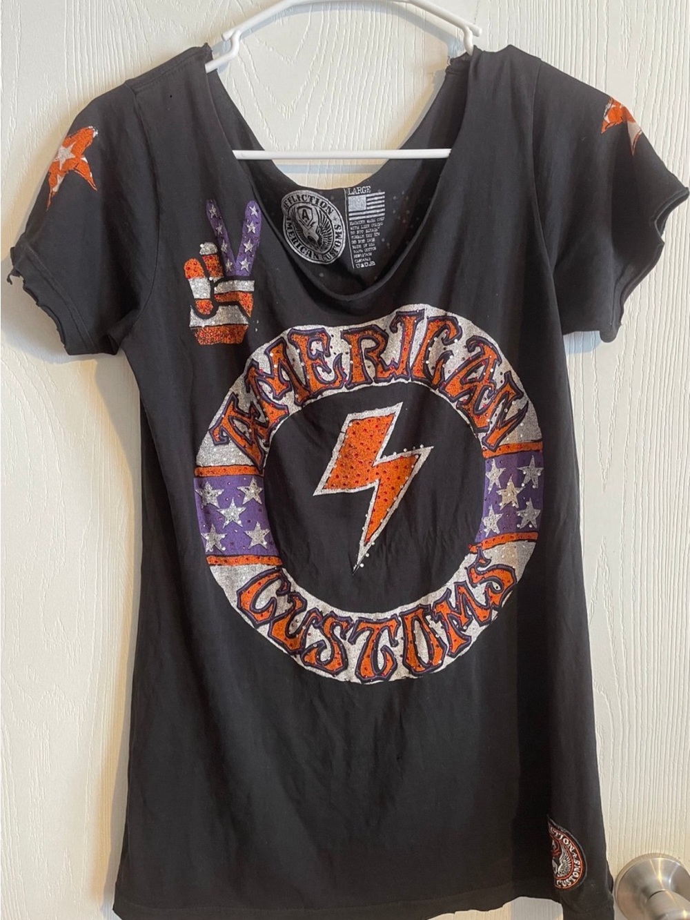Affliction Women's Black Tee with Orange Lightning & Purple Accents